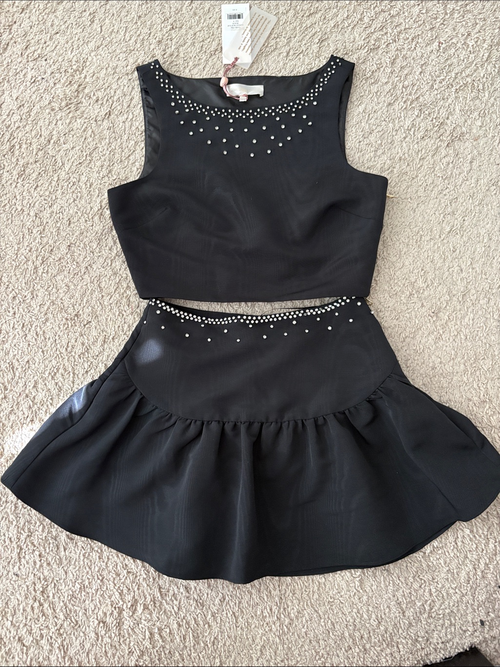 Loveshackfancy Black Rhinestone Two-Piece Crop Top & Skirt Set